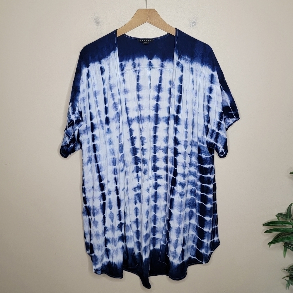 Tribal Blue White Tie-Dye Open Front Short Sleeve Kimono Womens Large